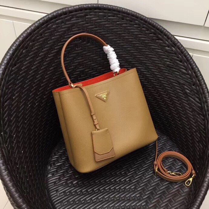 Pra*a brown saffiano leather double bag