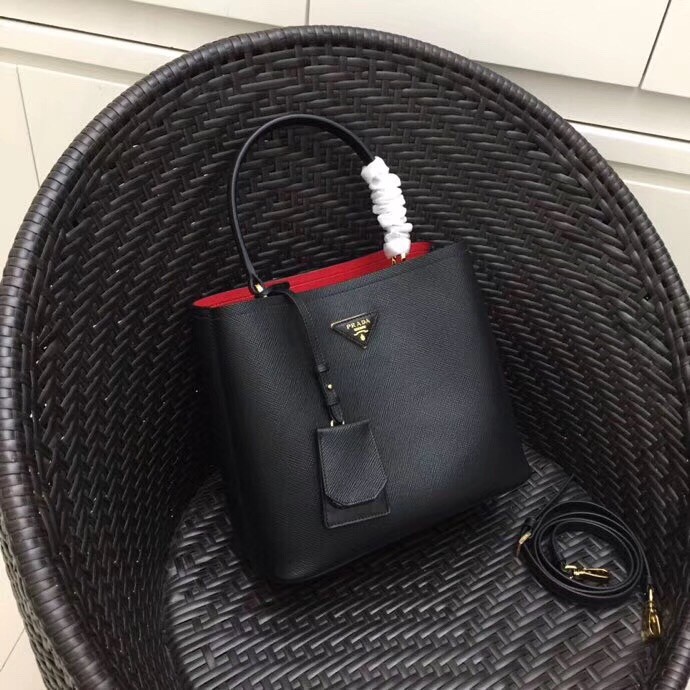 Pra*a black saffiano leather double bag