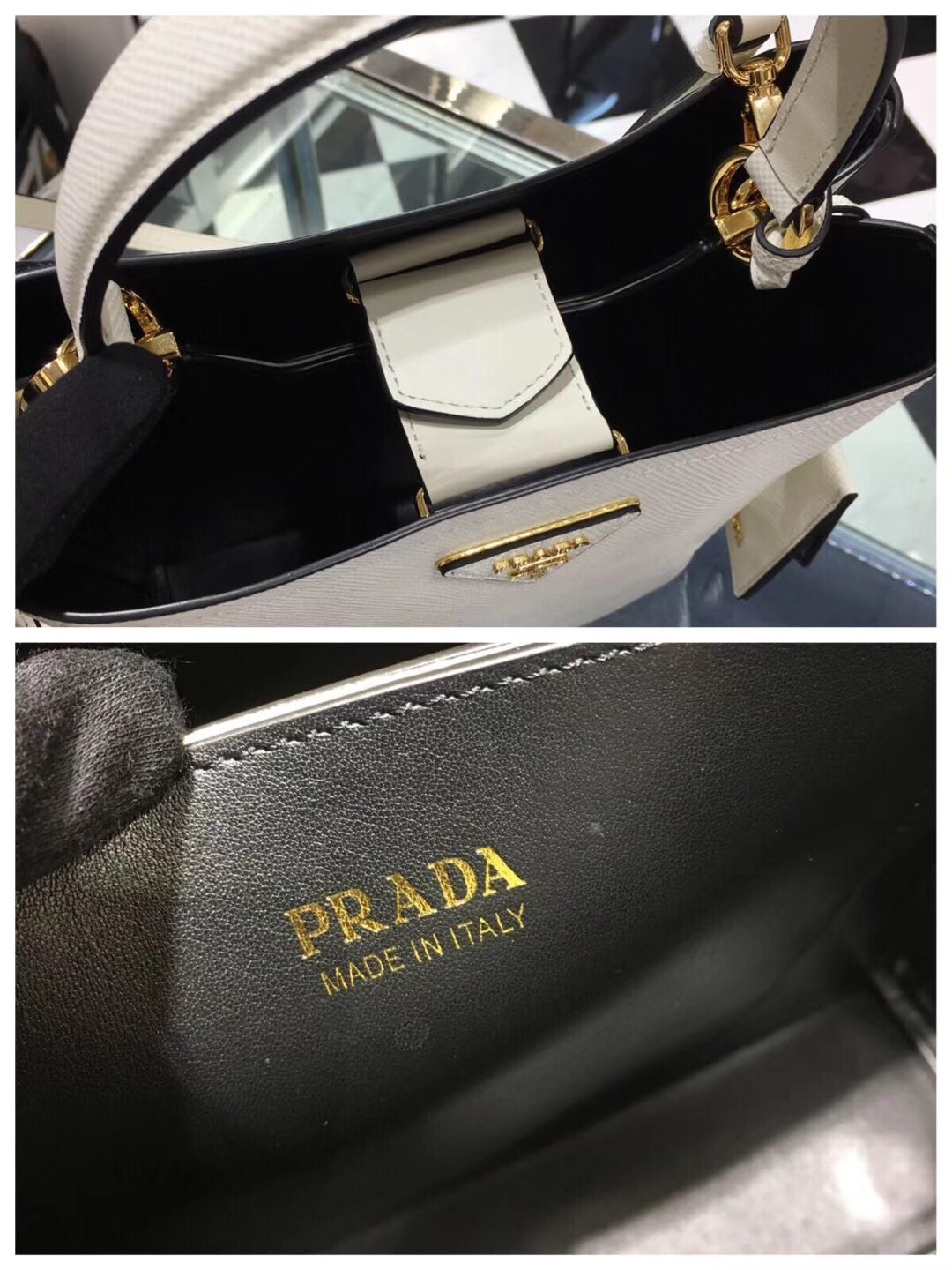 pra*a white saffiano N0*H south double medium bag