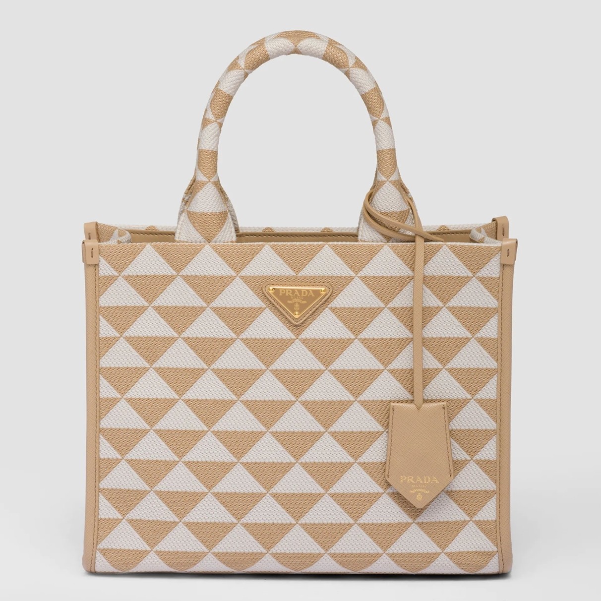 Pra*a symbole small bag in beige and white jacquard fabric