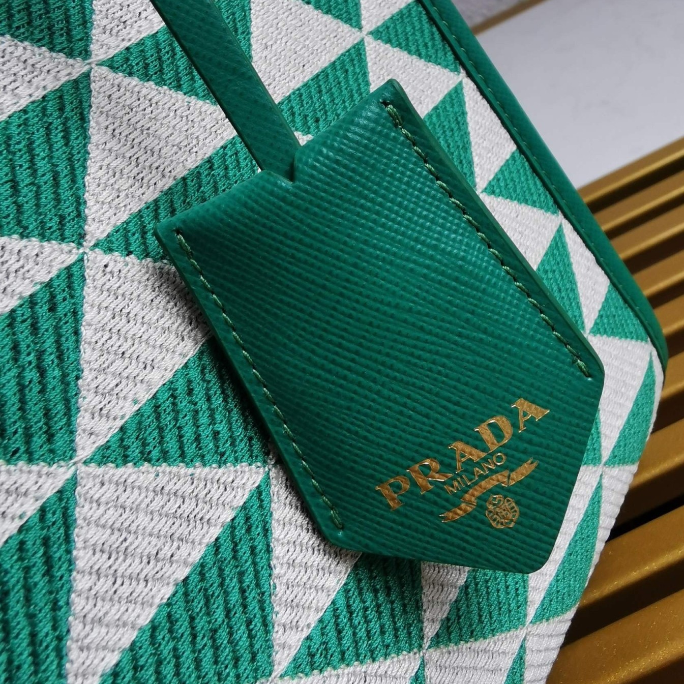 Pra*a symbole small bag in green and white jacquard fabric
