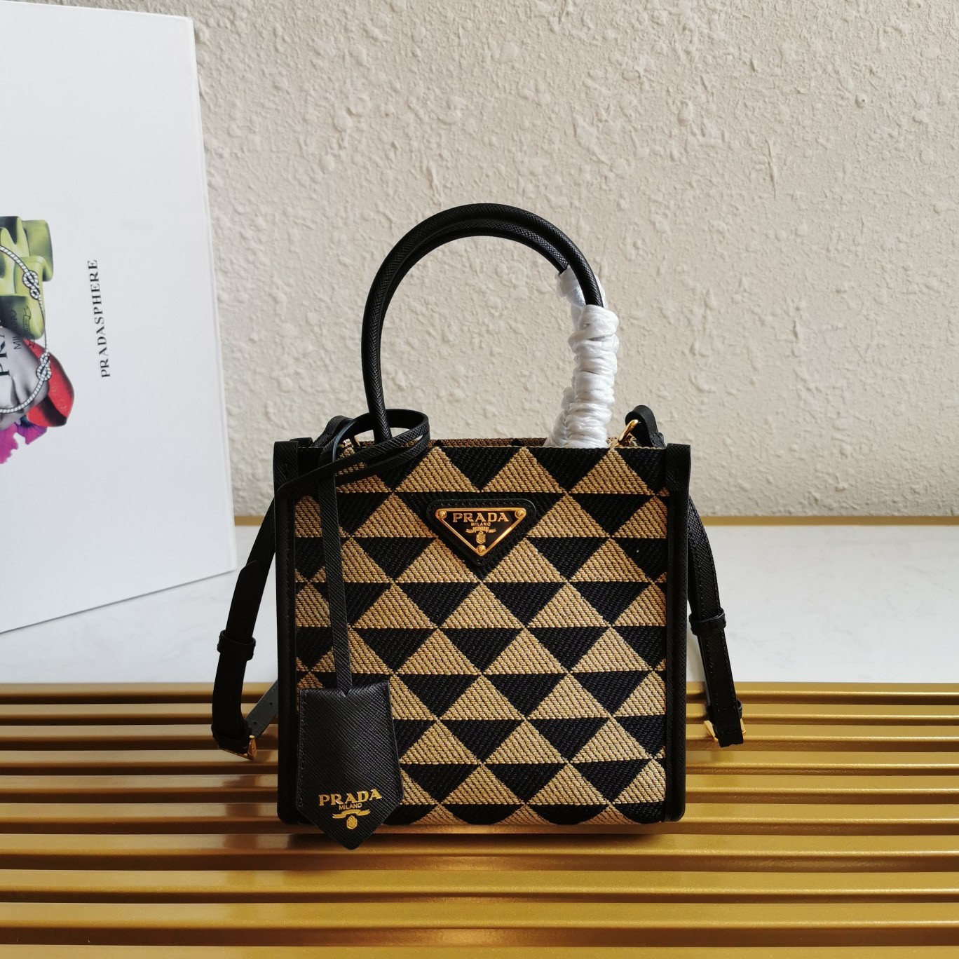 Pra*a symbole micro bag in black/beige jjacquard fabric