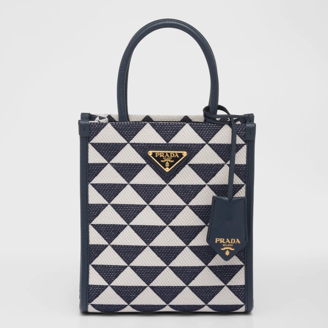 Pra*a symbole micro bag in white/blue jjacquard fabric