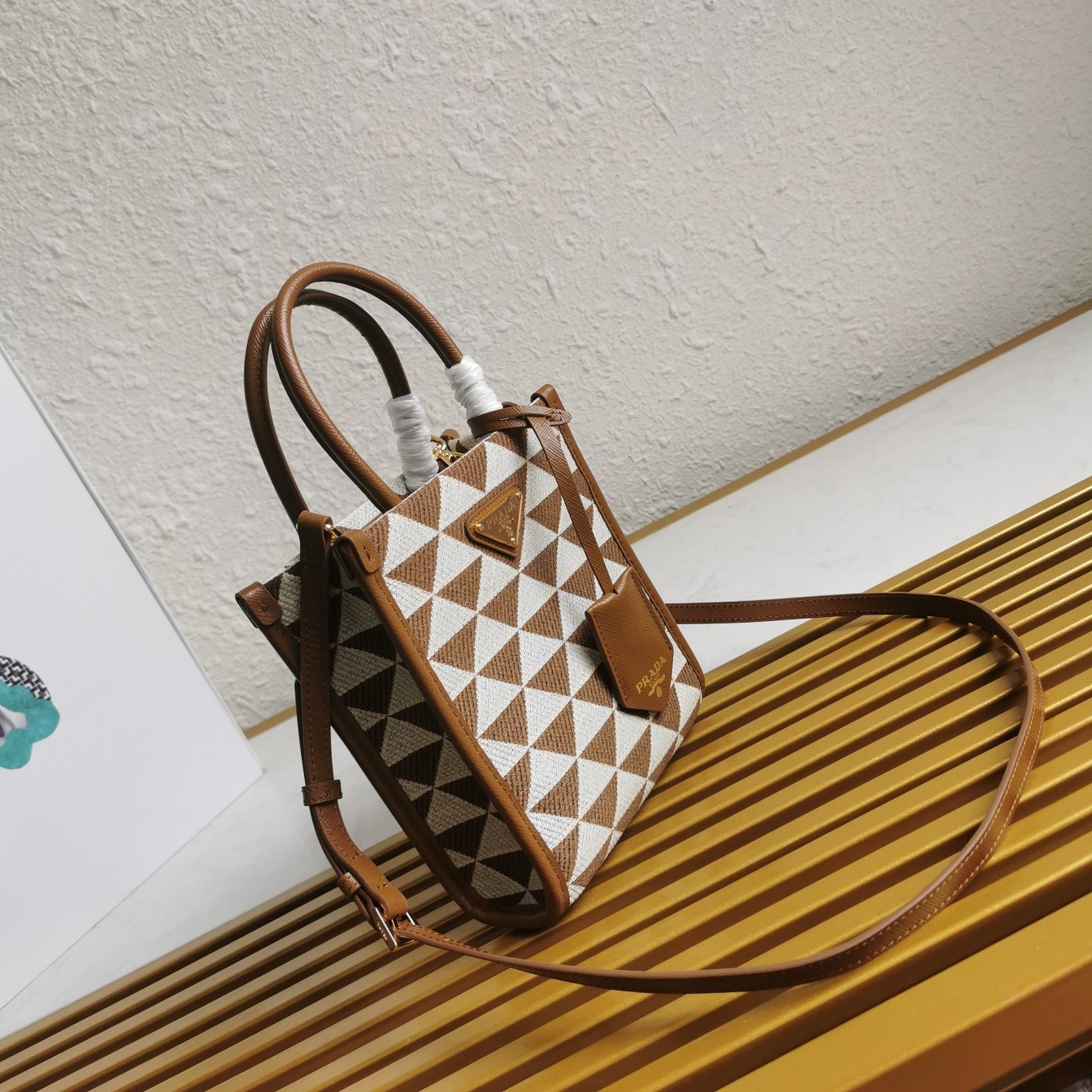 Pra*a symbole micro bag in white/brown jjacquard fabric