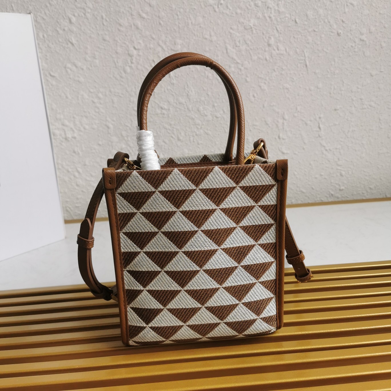 Pra*a symbole micro bag in white/brown jjacquard fabric