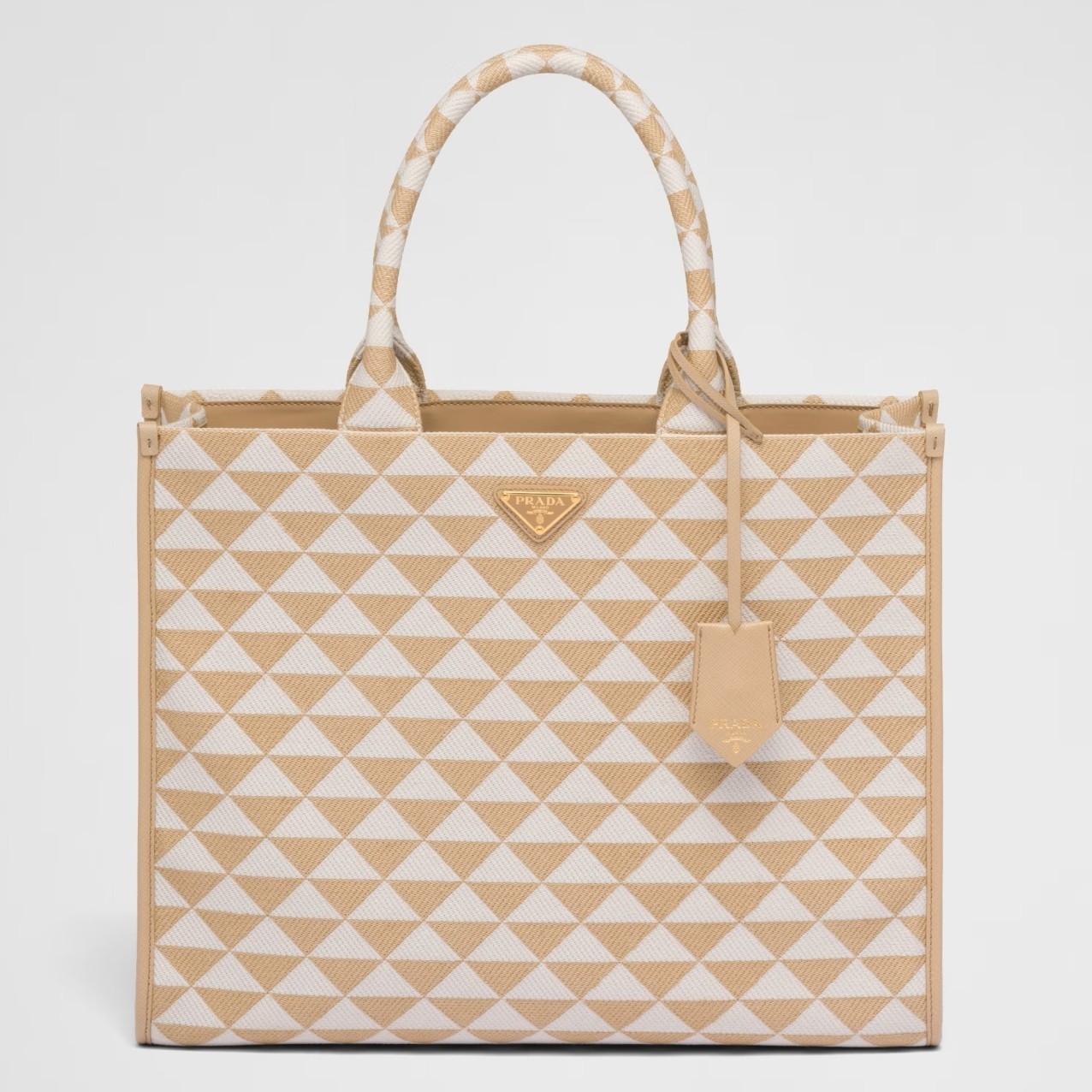 Pra*a symbole large bag in beige and white jacquard fabric