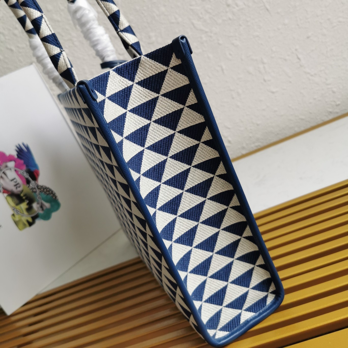 Pra*a symbole large bag in white/blue jjacquard fabric