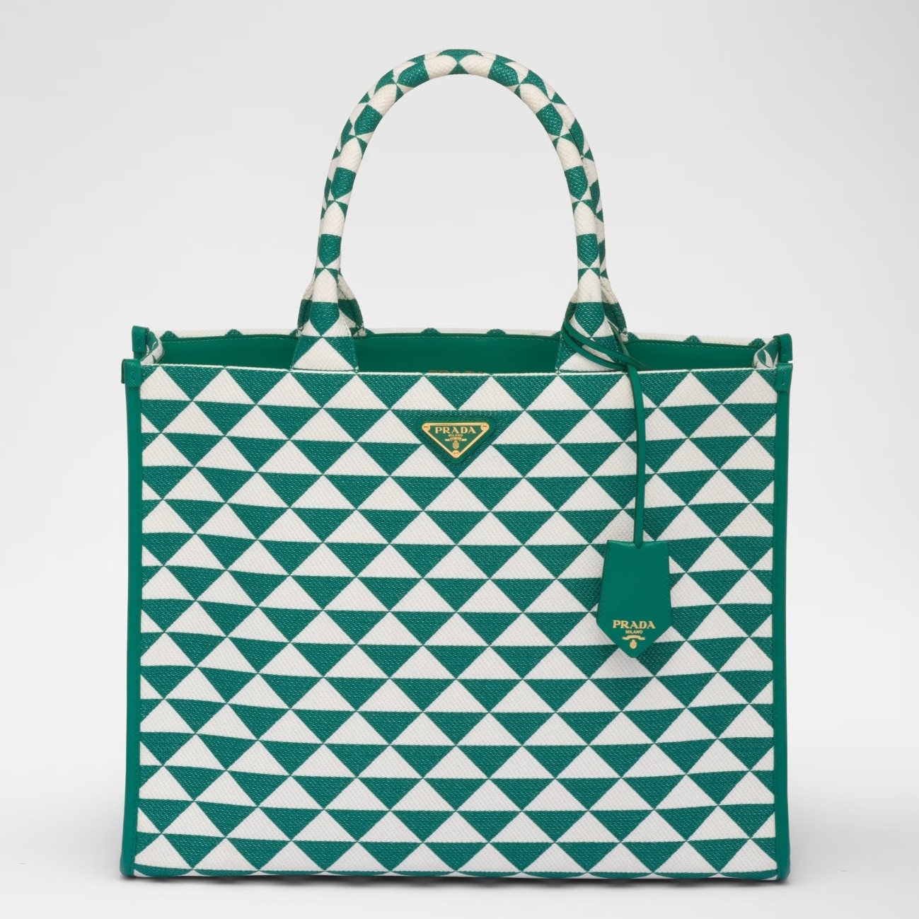 Pra*a symbole large bag in green and white jacquard fabric