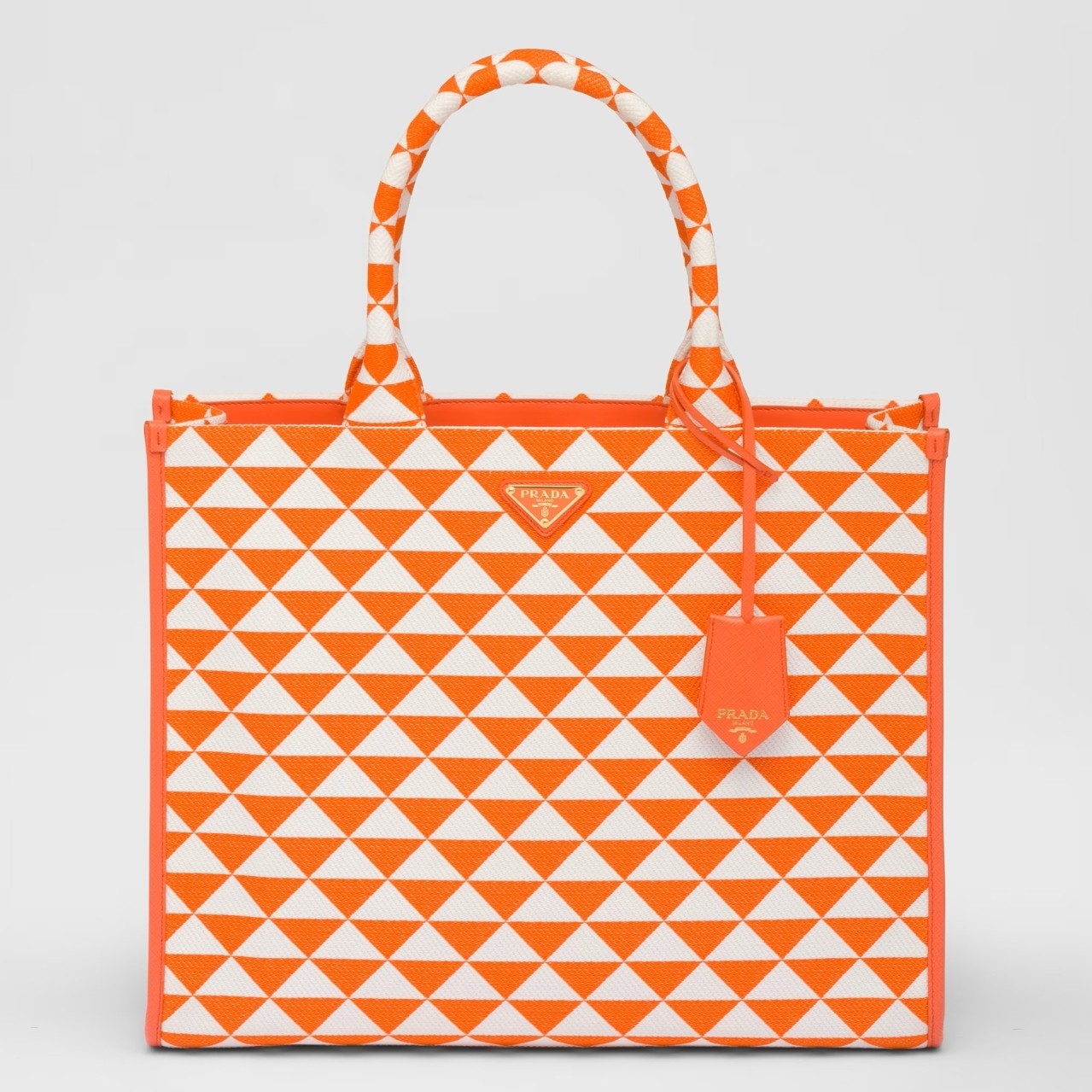 Pra*a symbole large bag in orange and white jacquard fabric