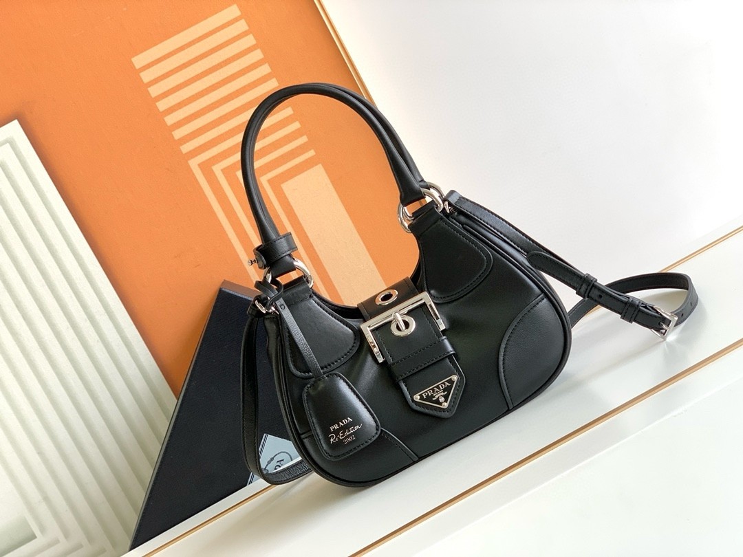 Pra*a moon bag in black re-nylon and leather