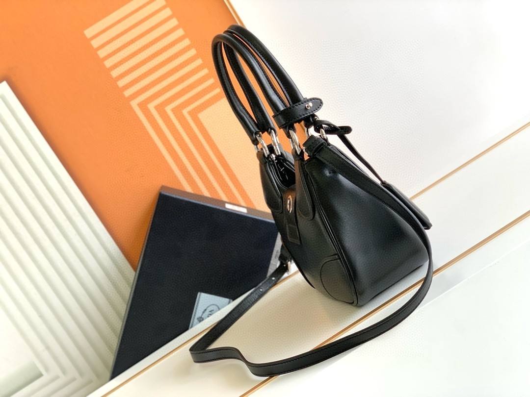 Pra*a moon bag in black re-nylon and leather