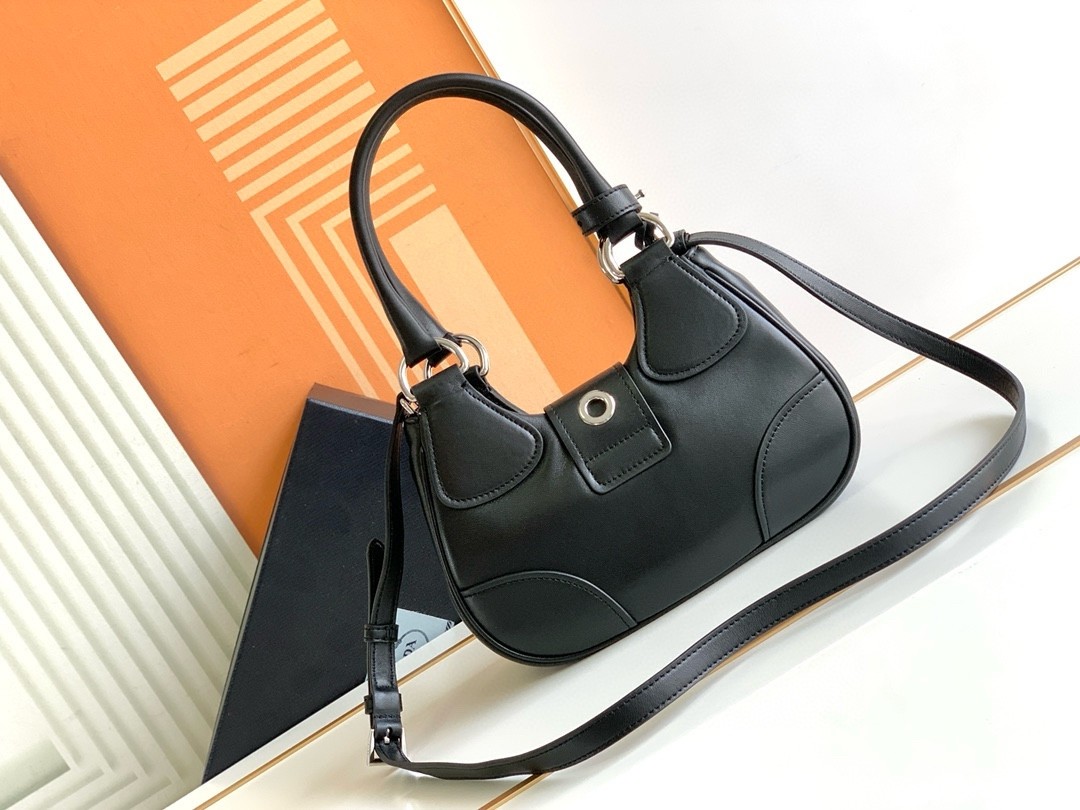 Pra*a moon bag in black re-nylon and leather