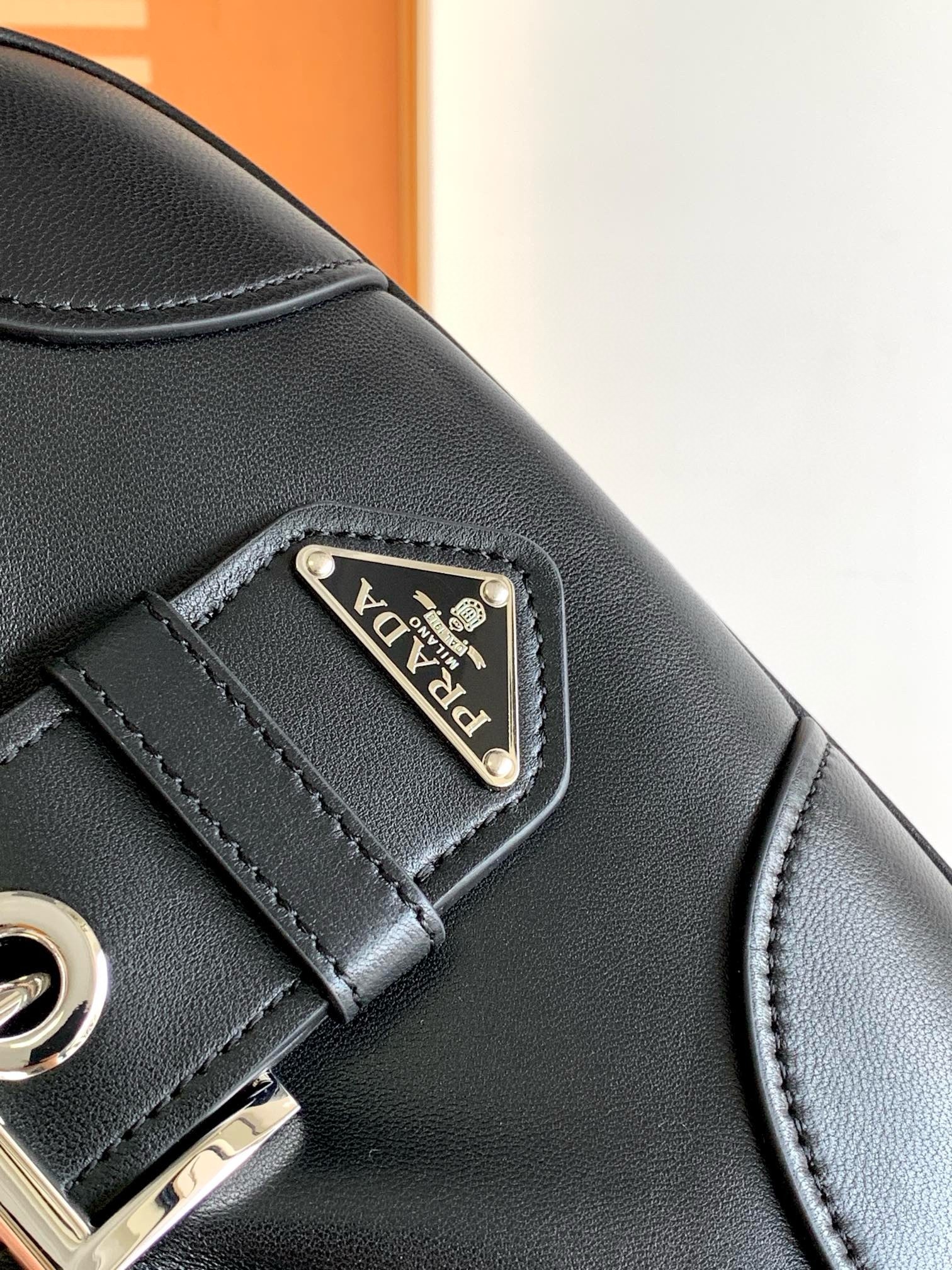 Pra*a moon bag in black re-nylon and leather