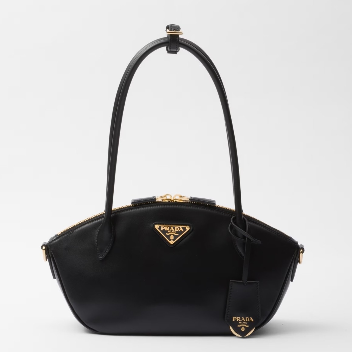 Pra*a shoulder bag with double zipper in black calfskin