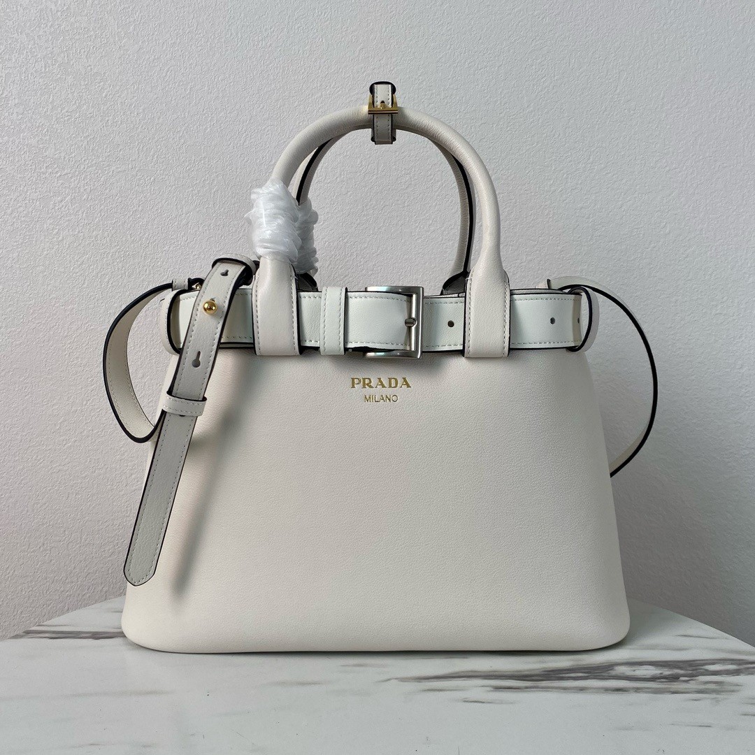 Pra*a buckle medium bag with belt in white leather