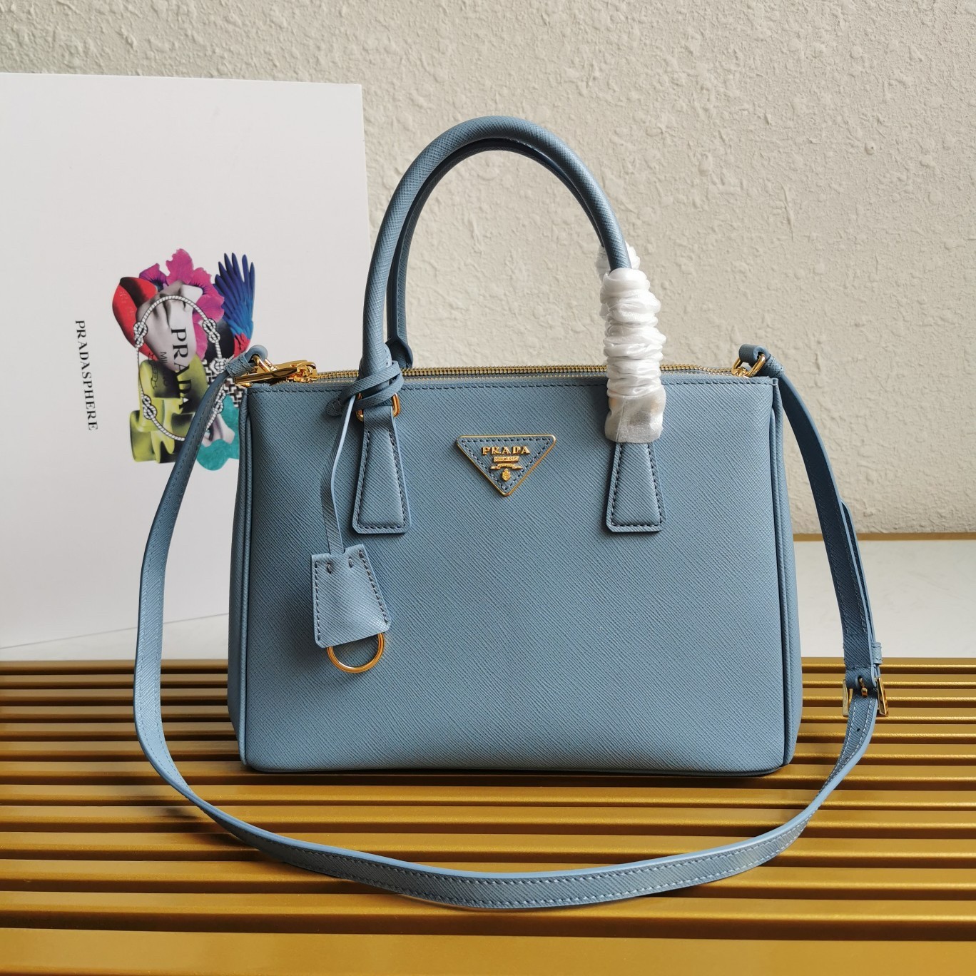 Pra*a small galleria bag in celeste saffiano leather