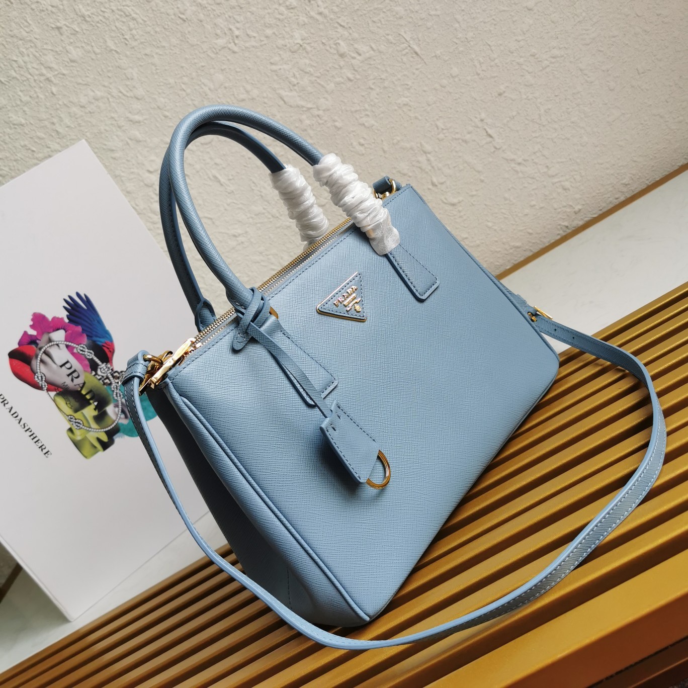 Pra*a small galleria bag in celeste saffiano leather