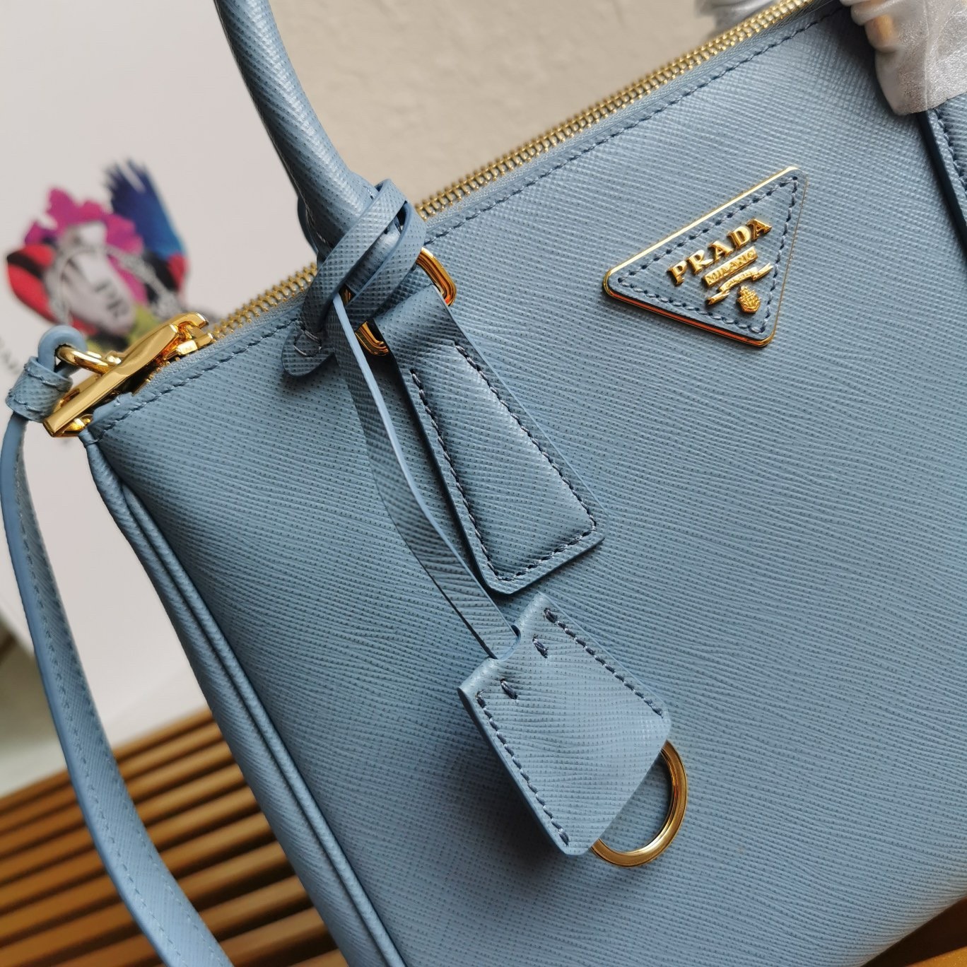Pra*a small galleria bag in celeste saffiano leather
