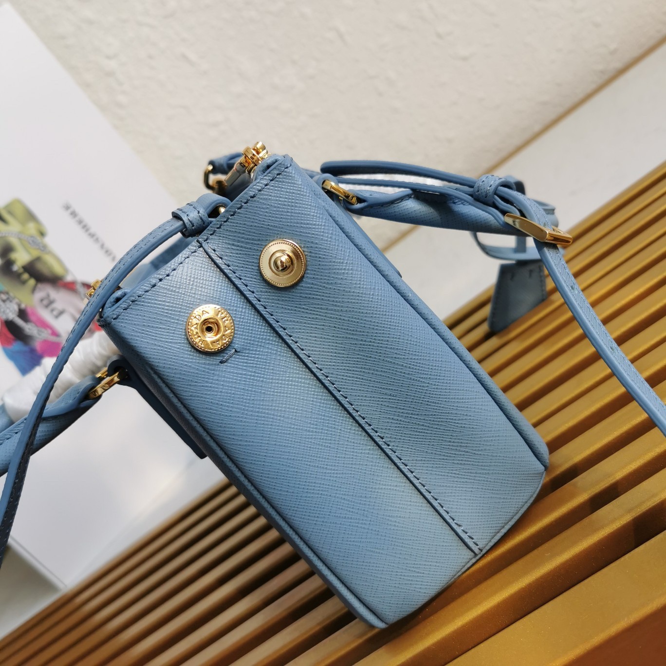 Pra*a mini galleria bag in light blue saffiano leather