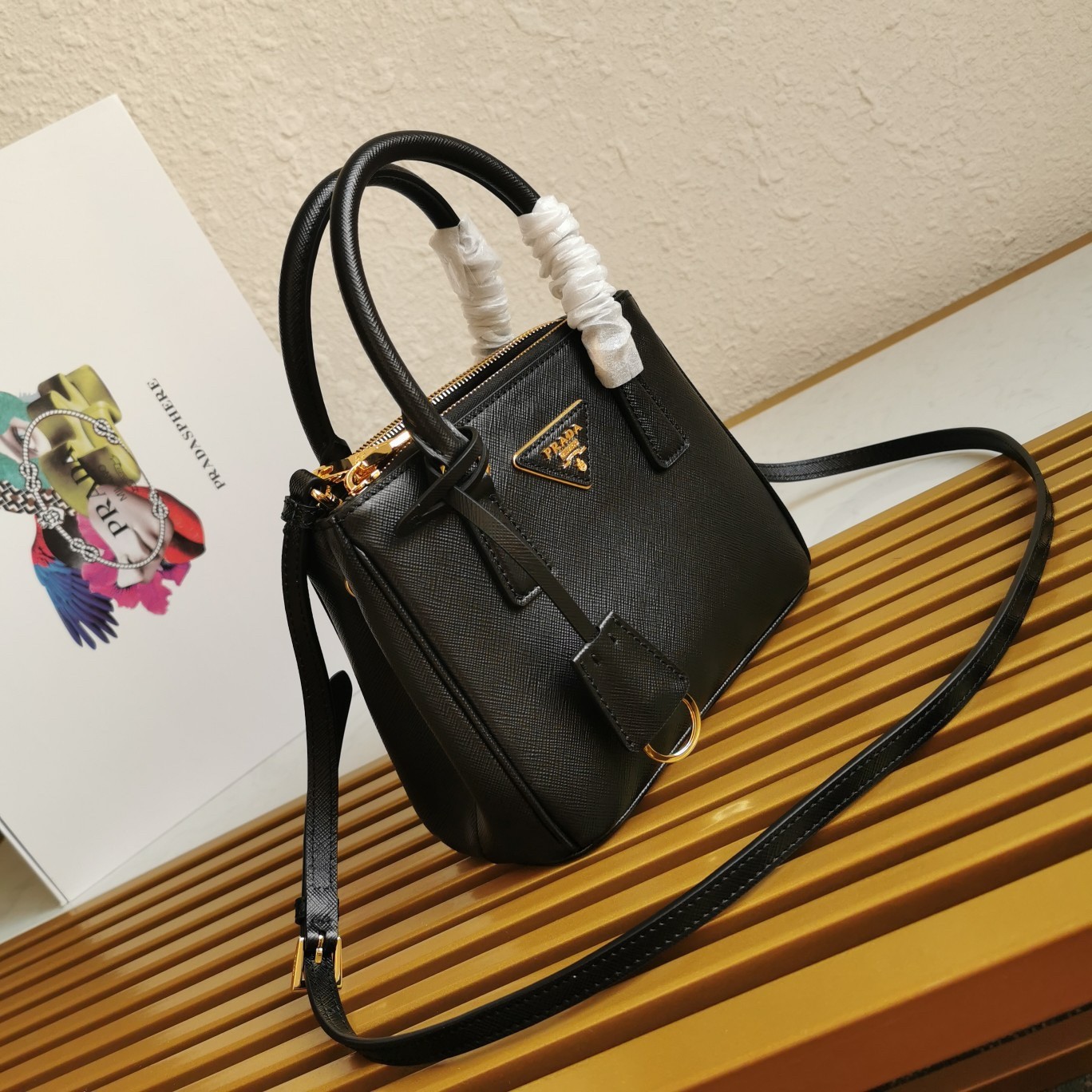 Pra*a mini galleria bag in black saffiano leather