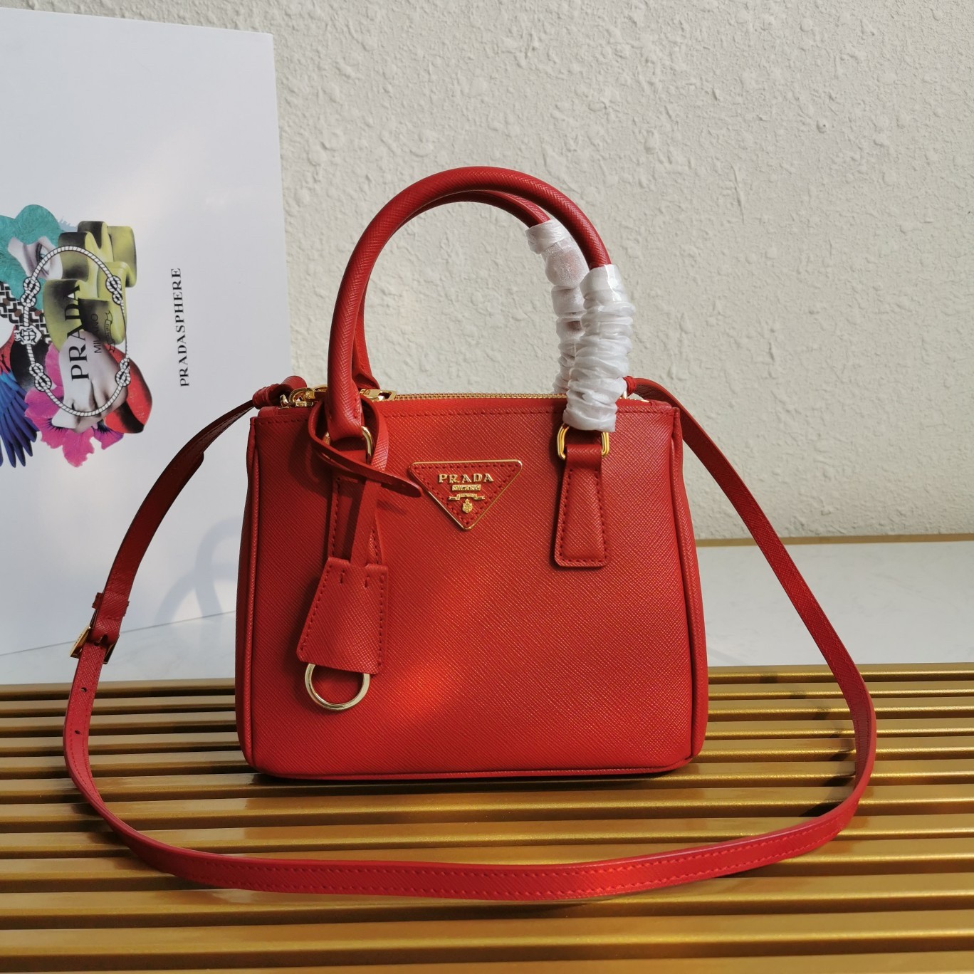 Pra*a mini galleria bag in red saffiano leather