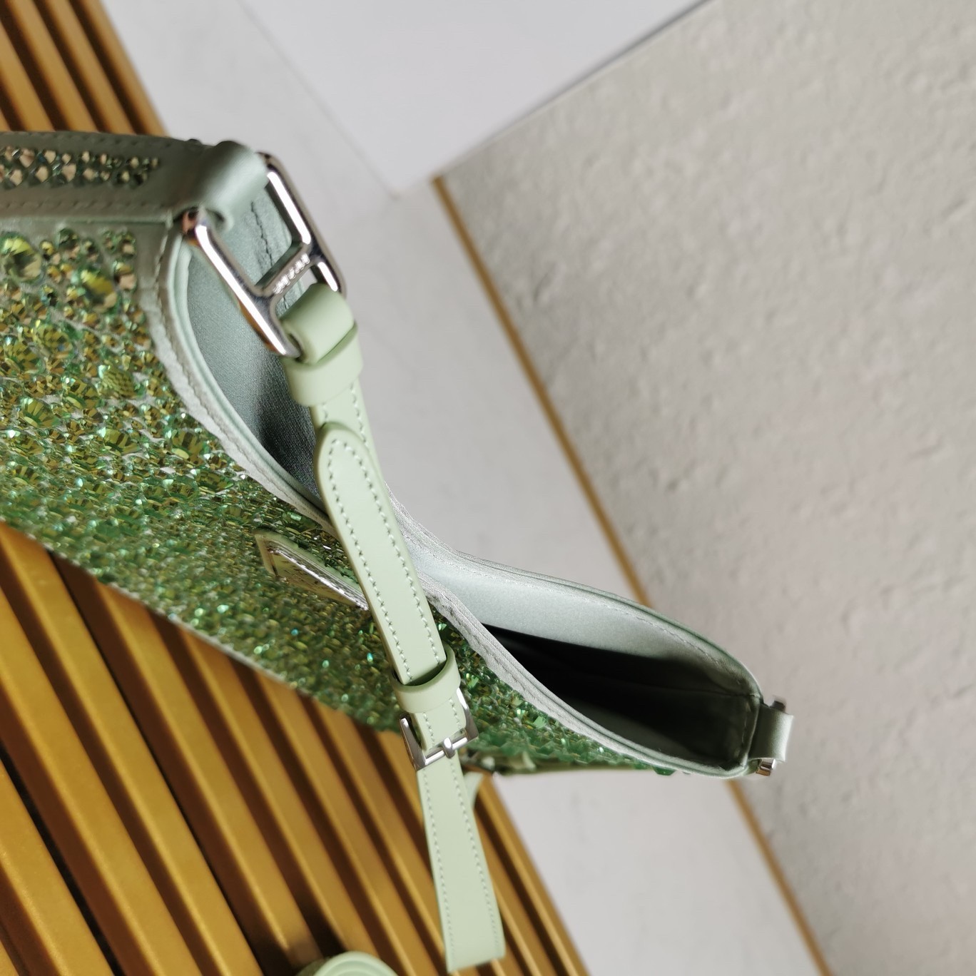 Pra*a cleo bag in aqua satin with cystal appliques