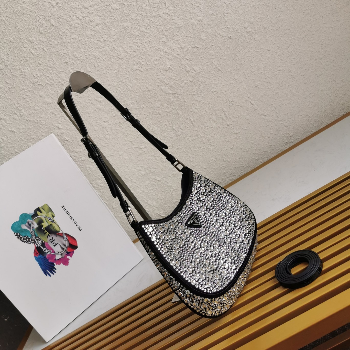 Pra*a cleo bag in black satin with cystal appliques