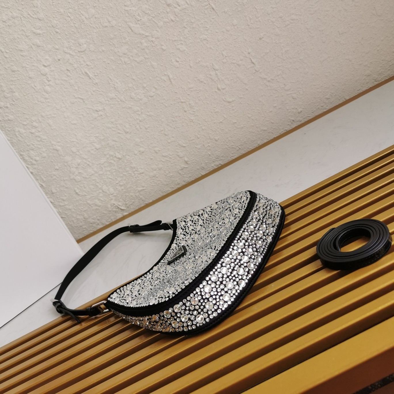 Pra*a cleo bag in black satin with cystal appliques