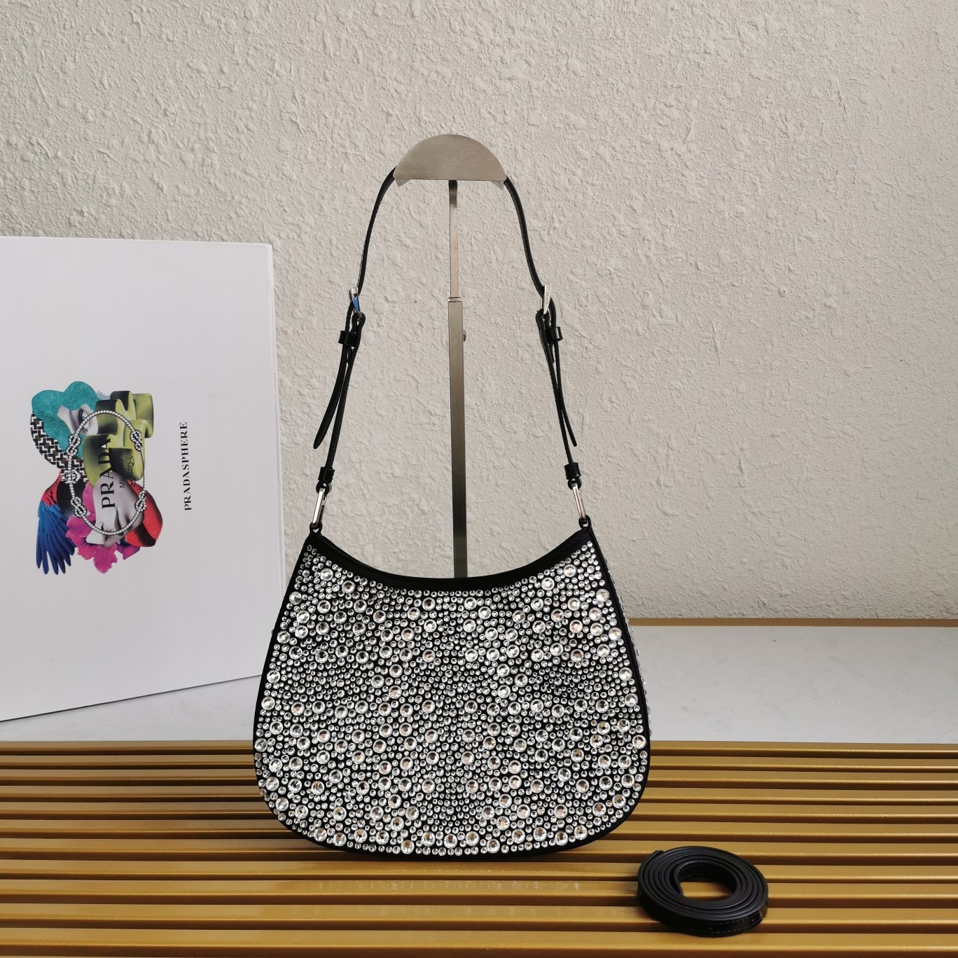 Pra*a cleo bag in black satin with cystal appliques