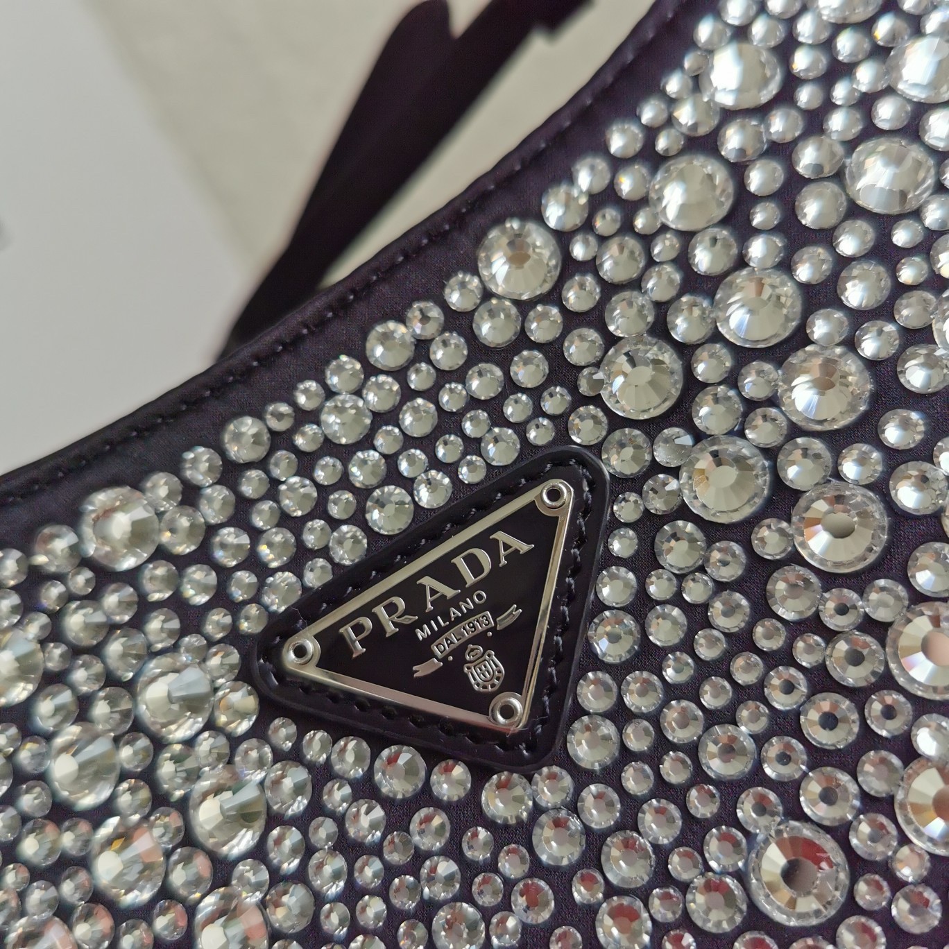 Pra*a cleo bag in black satin with cystal appliques