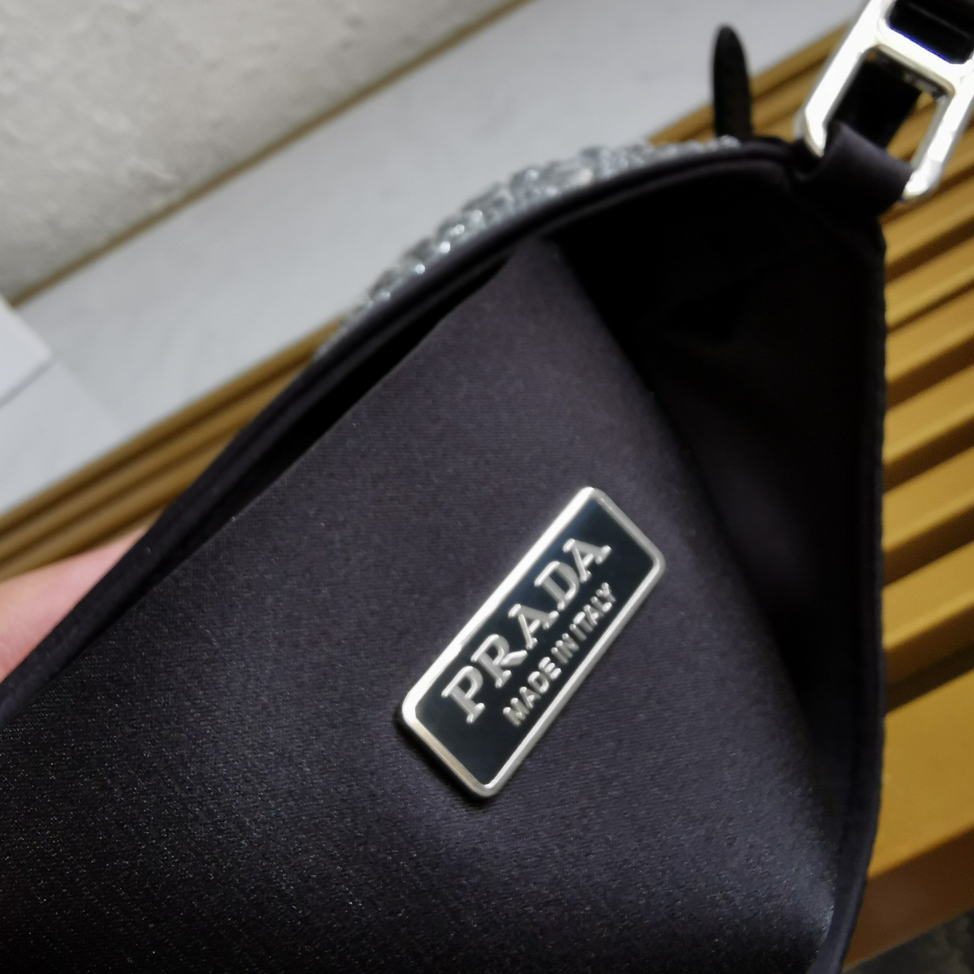 Pra*a cleo bag in black satin with cystal appliques