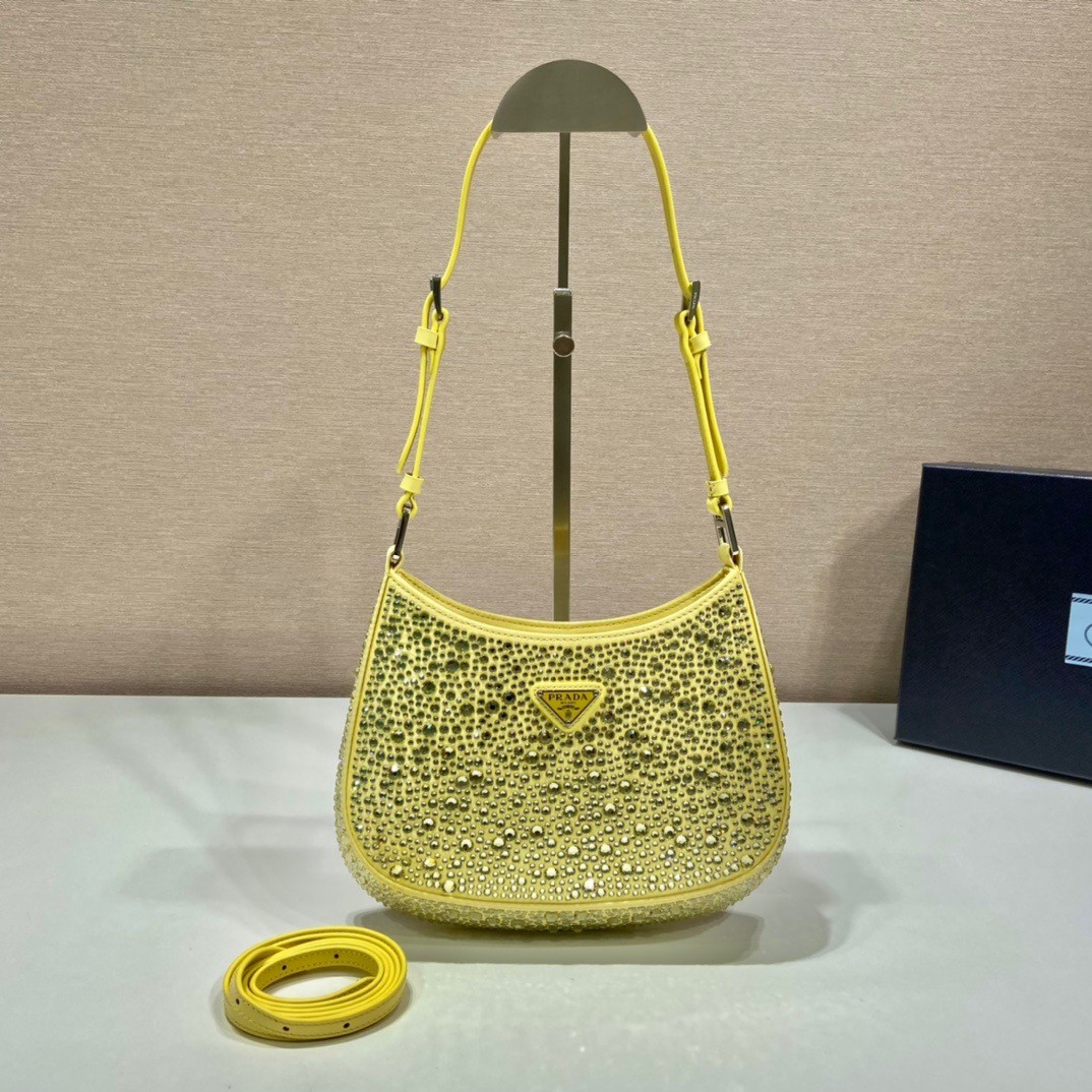Pra*a cleo bag in yellow satin with cystal appliques