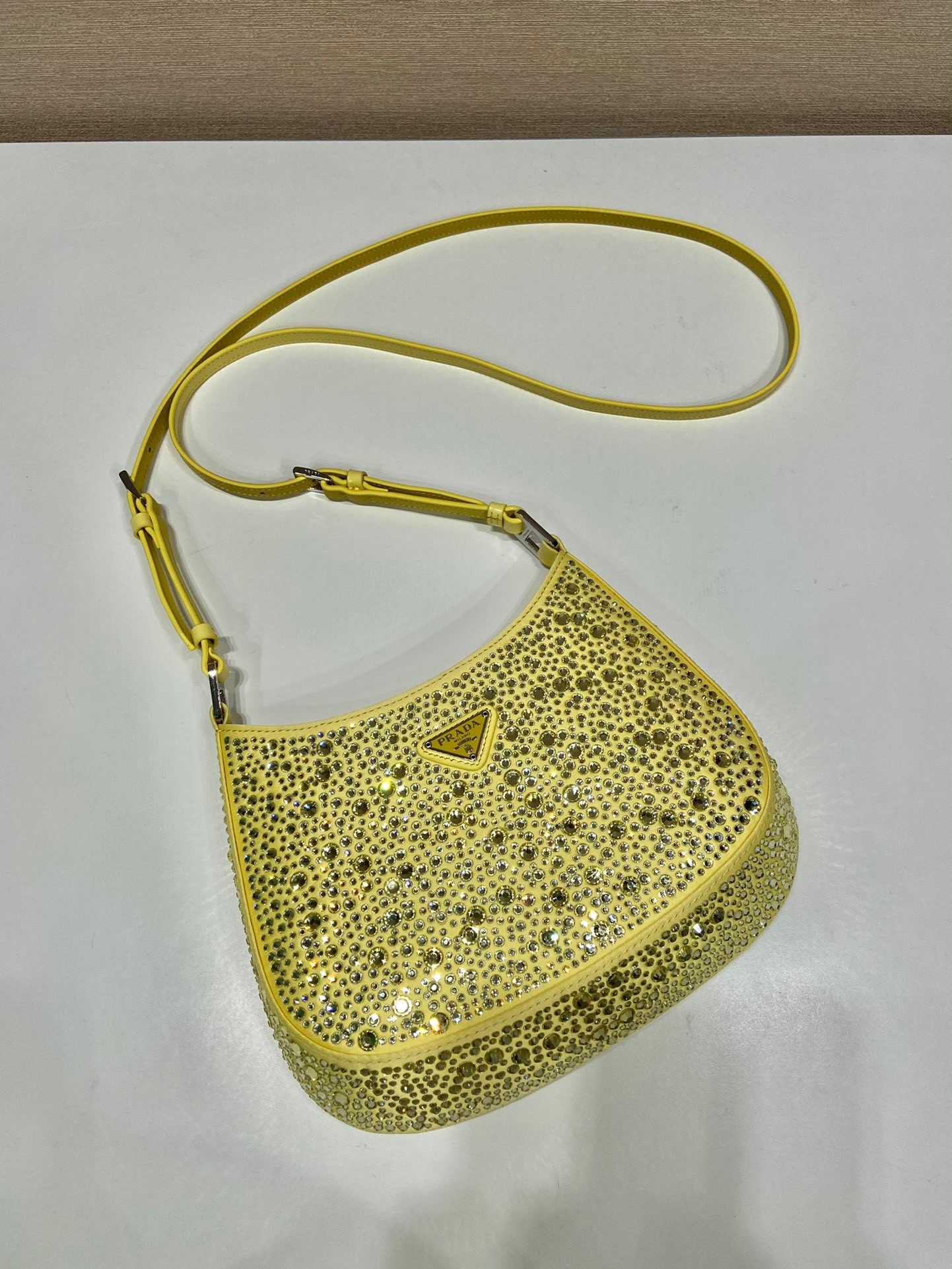 Pra*a cleo bag in yellow satin with cystal appliques