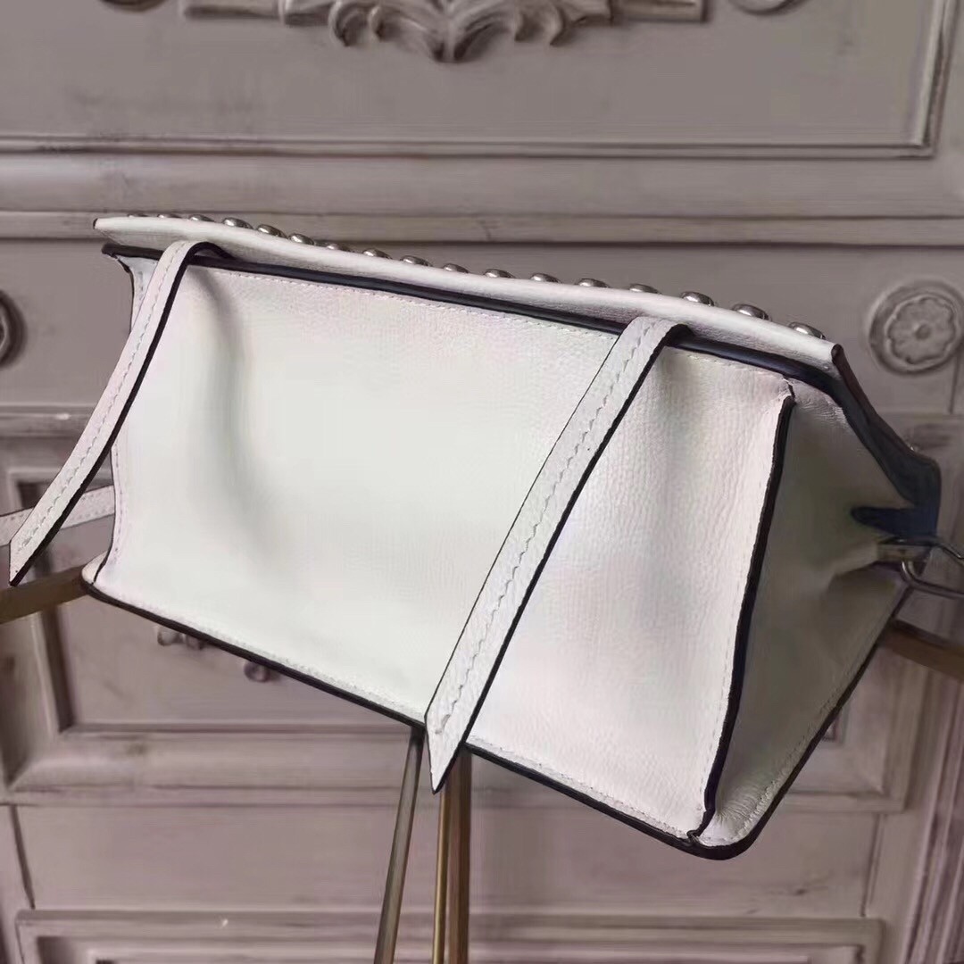Pra*a etiquette bag in white calfskin with metal stud trim