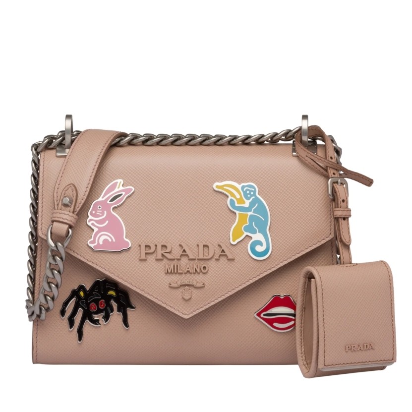 Pra*a nude monochrome flap bag with metal appliques