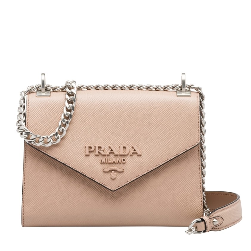 Pra*a monochrome flap bag in powder pink saffiano leather