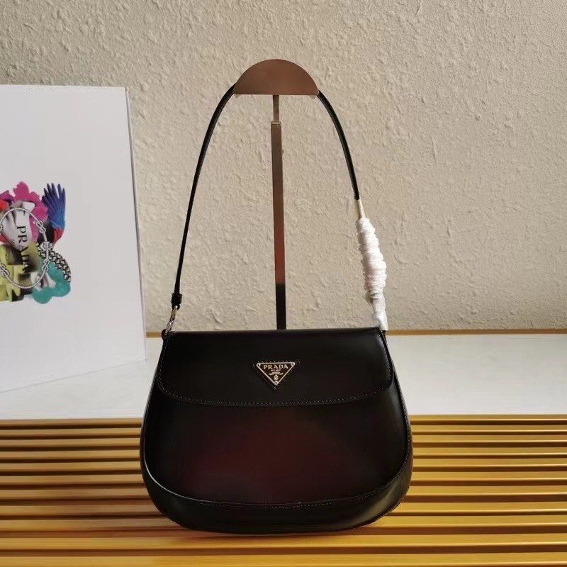 Pra*a black brushed leather cleo shoulder bag with flap