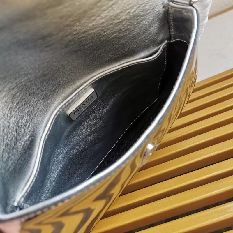 Pra*a silver brushed leather cleo shoulder bag with flap