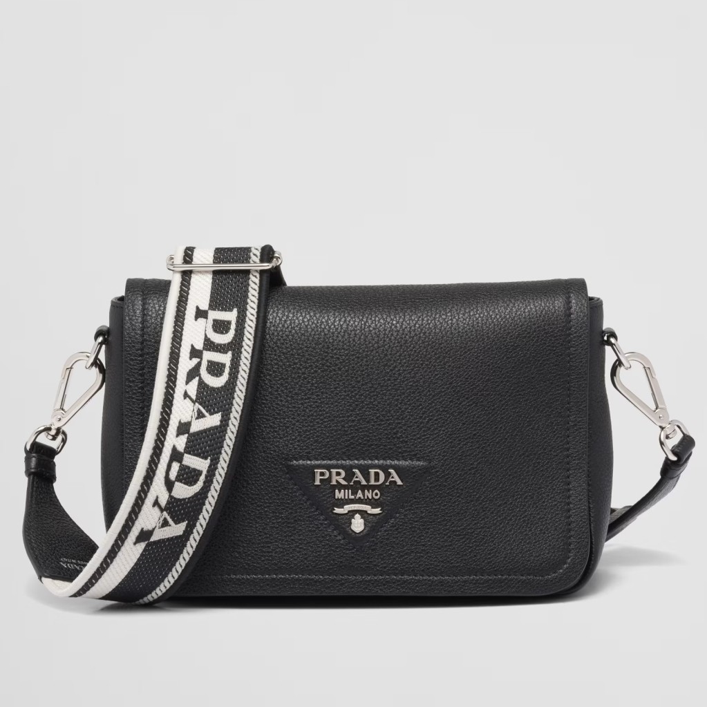 Pra*a flap shoulder bag in black grained leather
