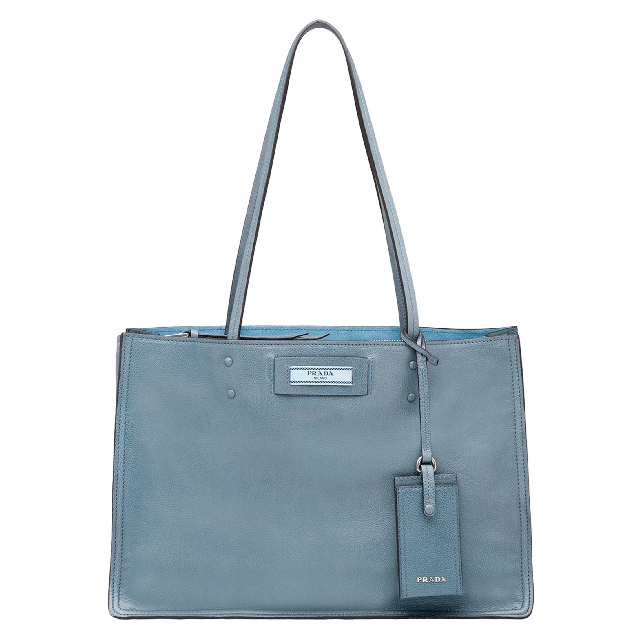 Pra*a etiquette tote bag in blue calf leather