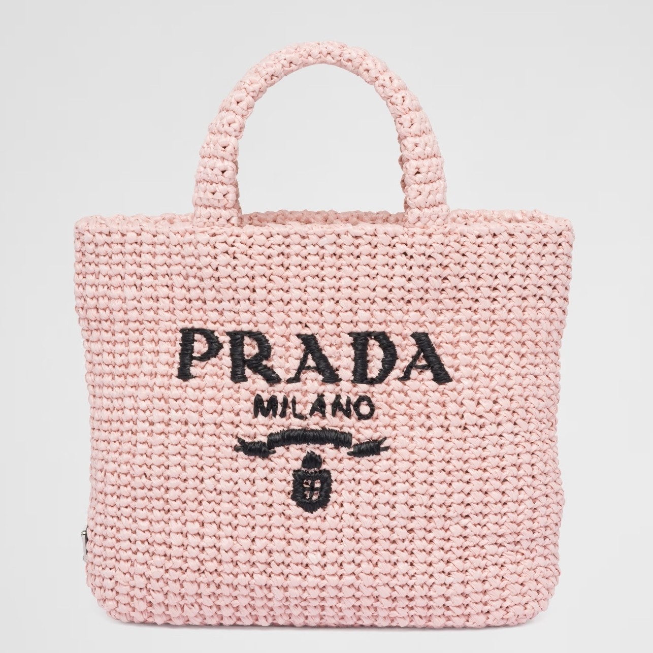 Pra*a small crochet tote bag in pink raffia-effect yarn