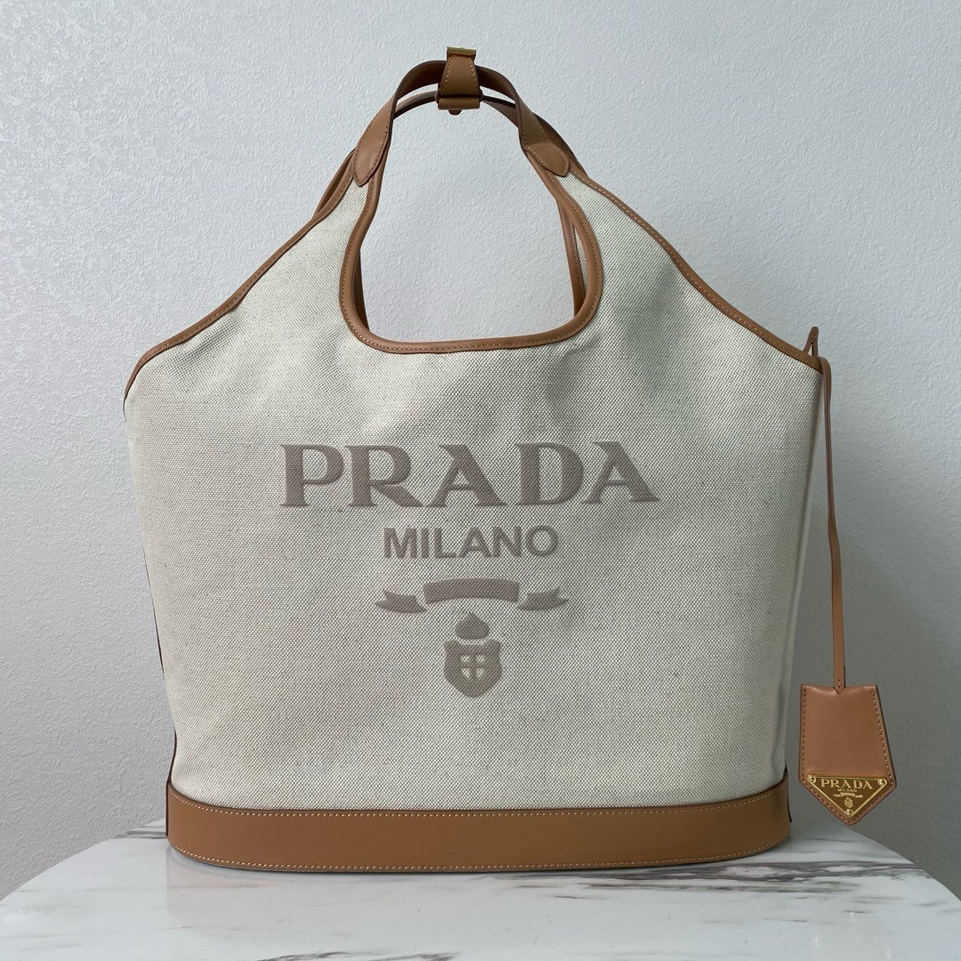 Pra*a large tote bag in linen blend and leather