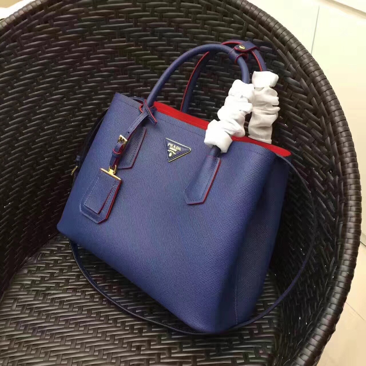 Pra*a blue saffiano double medium bag