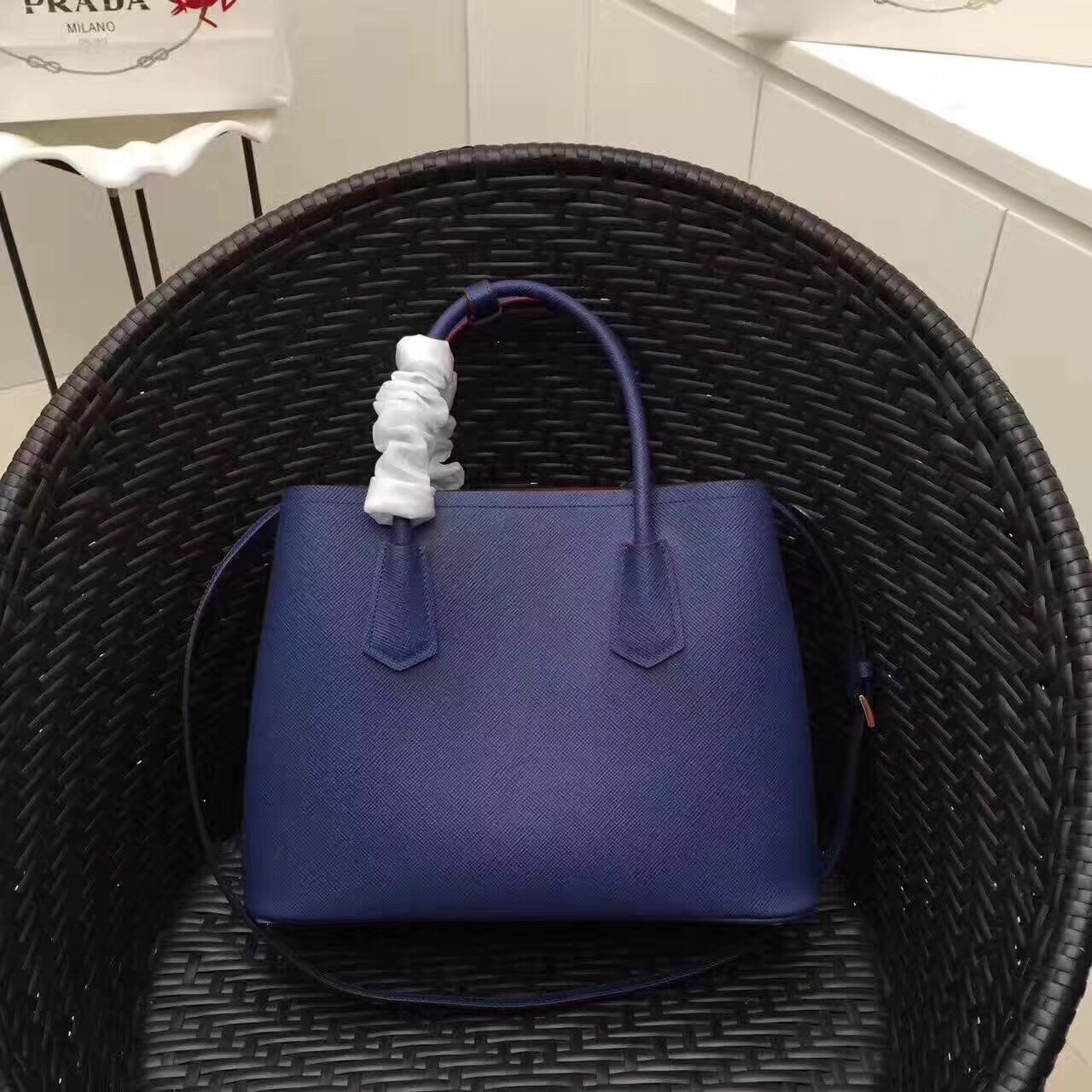 Pra*a blue saffiano double medium bag