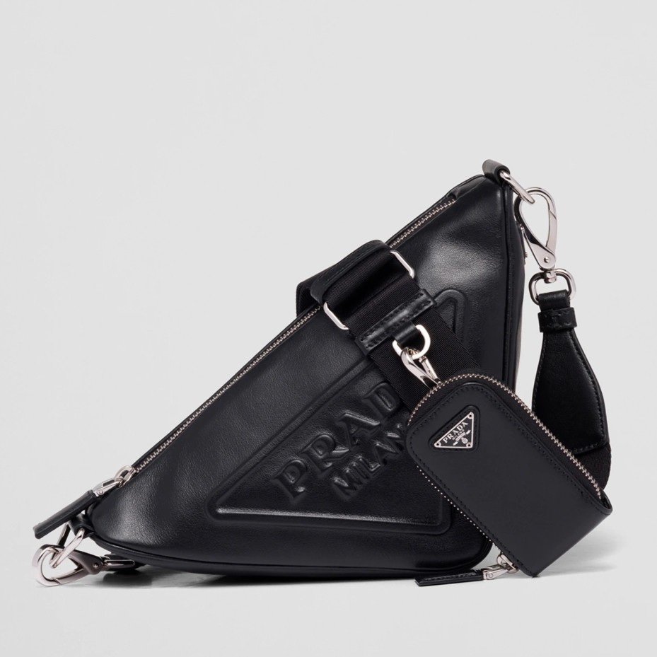 Pra*a triangle shoulder bag in black leather