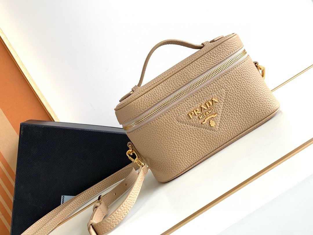 Pra*a mini vanity bag in sand beige grained leather