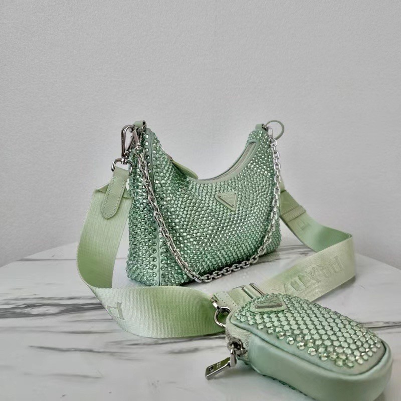 Pra*a re-edition 2005 bag in aqua satin with crystals
