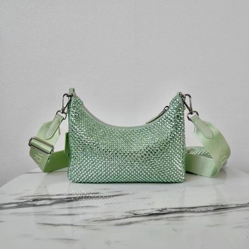 Pra*a re-edition 2005 bag in aqua satin with crystals