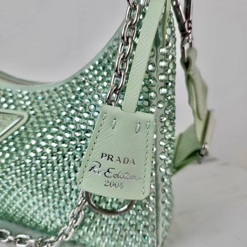 Pra*a re-edition 2005 bag in aqua satin with crystals