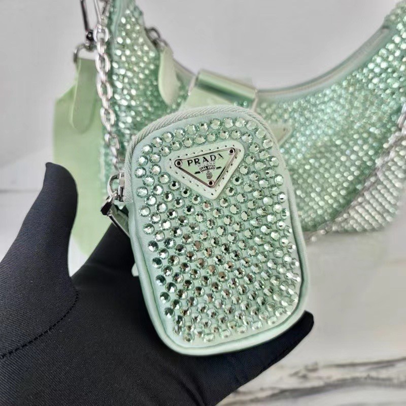 Pra*a re-edition 2005 bag in aqua satin with crystals